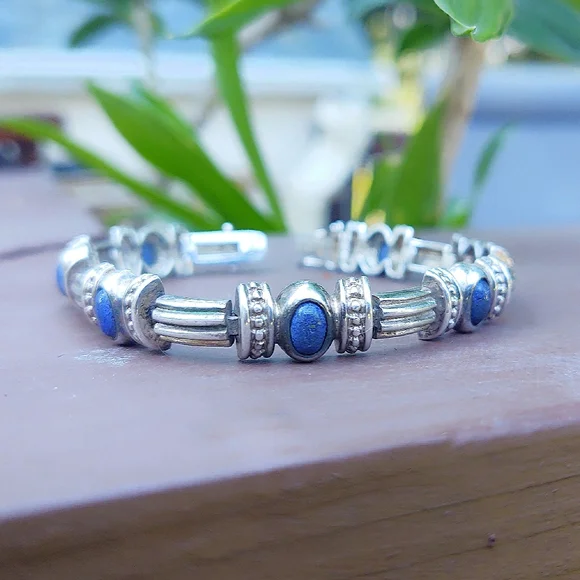 Vintage Lapis Sterling Silver, Heavy Link Bracelet - Picture 8 of 8